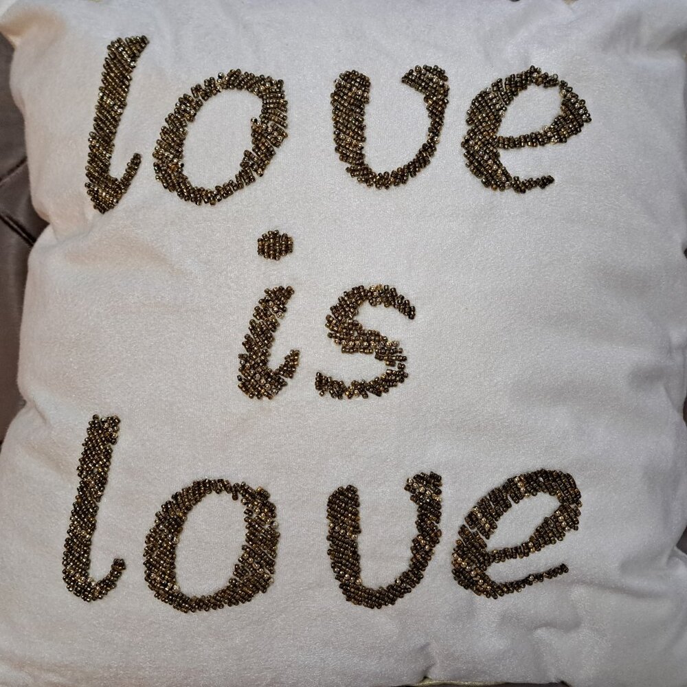 'Love is Love' Beaded Square Throw Pillow Cream: Edie@Home, Velvet Oyster 18"x18